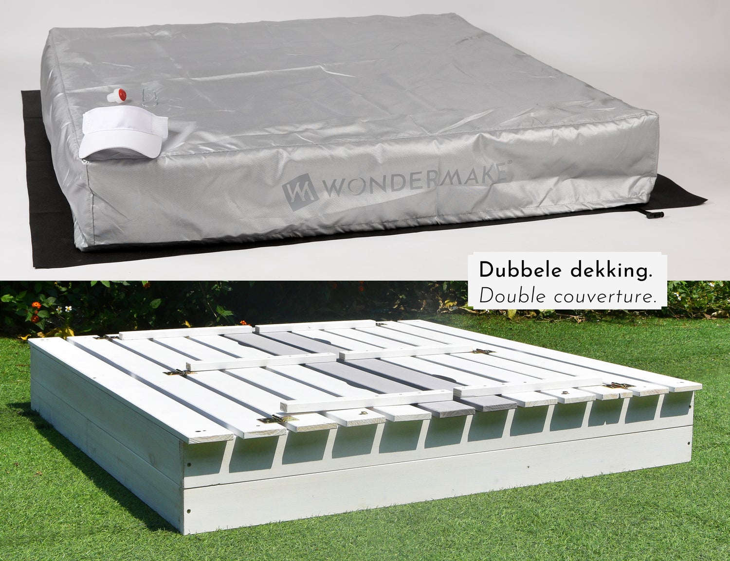 WONDERMAKE - Designer zandbak met deksel, bankje en bodem, vierkante houten zandbak met bankje, buitentuin voor kinderen, dennenhout, wit, grijs, zilver