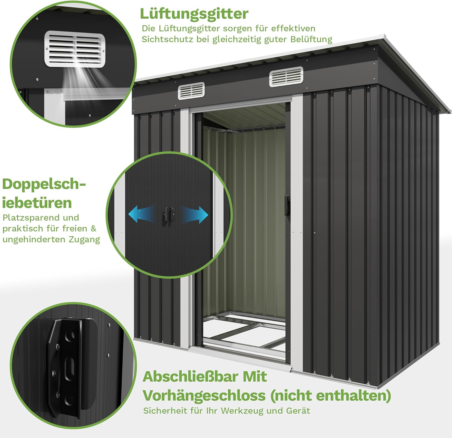 Devoko Metall Geräteschuppen 183x109x182cm mit Fundament, 3.6m³ Gerätehaus mit Pultdach und Schiebetür, Outdoor, Wetterfest, Gartenschuppen für Fahrrad,Terrasse, Rasen, Anthrazit