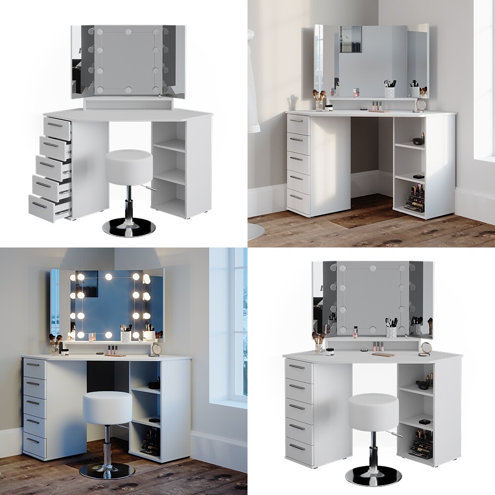 Vicco Eckschminktisch Frisiertisch Frisierkommode Sofia Weiß Spiegel LED Hocker