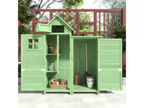 Abri de jardin en bois de sapin - remise à outils avec 2 étagères intégrées - H 173 cm - toit imperméable en PVC - Vert