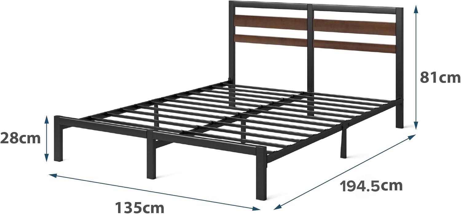 Zinus Doppelbett Kai 135x190 cm - Höhe 80 cm - nachhaltiges Bambus- & Metallbettrahmen mit Kopfteil - Stahllattenstütze - umweltfreundliches Bettgestell - einfache Montage - Schwarz und Braun