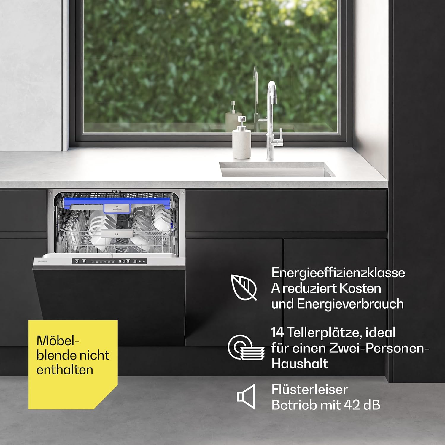 Klarstein Velaire Spülmaschine 60cm - Vollintegriert, 14 Plätze, 6 Programme, 42 dB, A Energieklasse, AquaStop, Einbauspülmaschine, Geschirrspüler