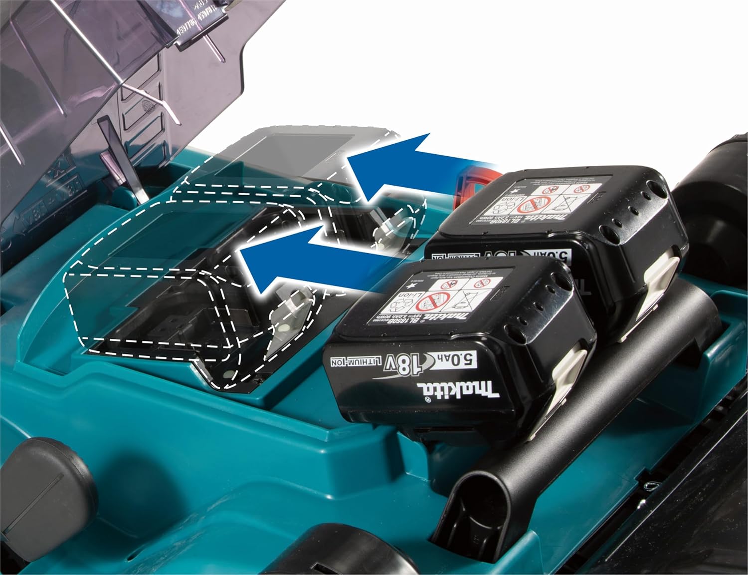 Makita DLM432PT2 Akku-Rasenmäher 2x18 V / 5,0 Ah, 2 Akkus + Doppelladegerät