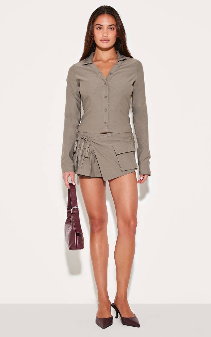 Taupe Jupe-short Cargo Tissée À Détail Volants