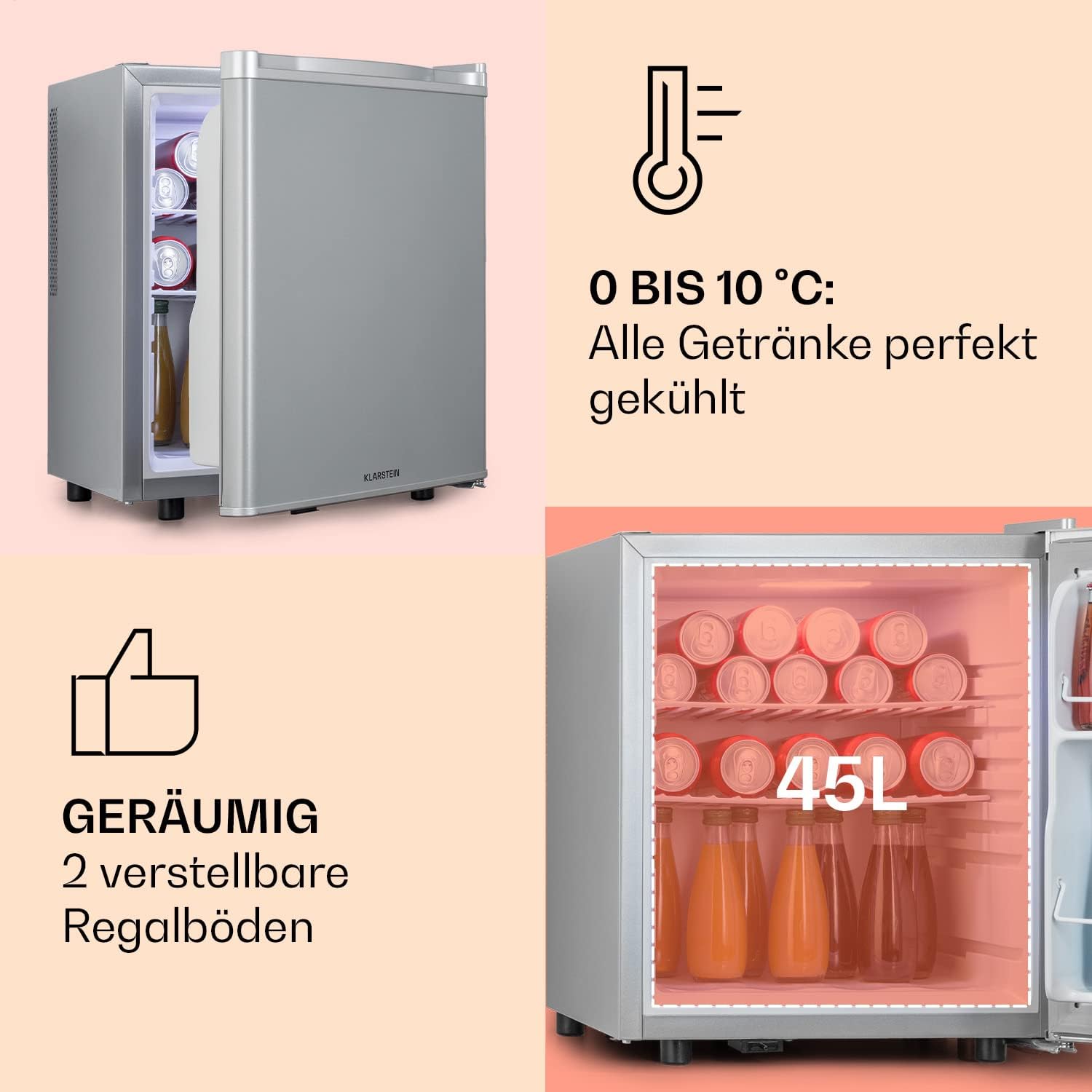 Klarstein Mini Kühlschrank für Zimmer, Mini-Kühlschrank für Getränke, Snacks & Kosmetik, Kleine Minibar, Kühlschrank Klein & Leise, Verstellbare Ablagen, Kleiner Skincar Kühlschrank 6-18°C, 45L