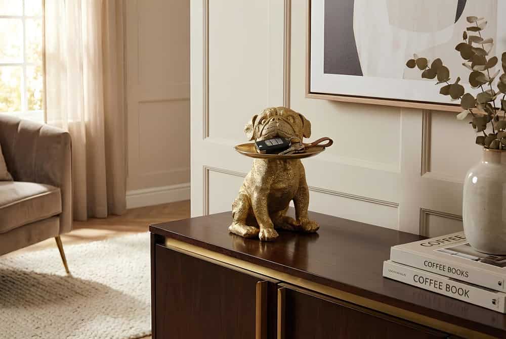 Deko-Figur BULLDOG 35cm gold Spardose mit Ablageplatte handmade