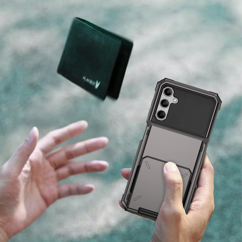 Samsung Galaxy A15 Hybrid Hardcase Hülle mit Aufschiebbarem Kartenfach - Schwarz / Grau