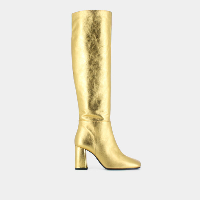 Bottes à talon haut et bout carré  en cuir métallisé or