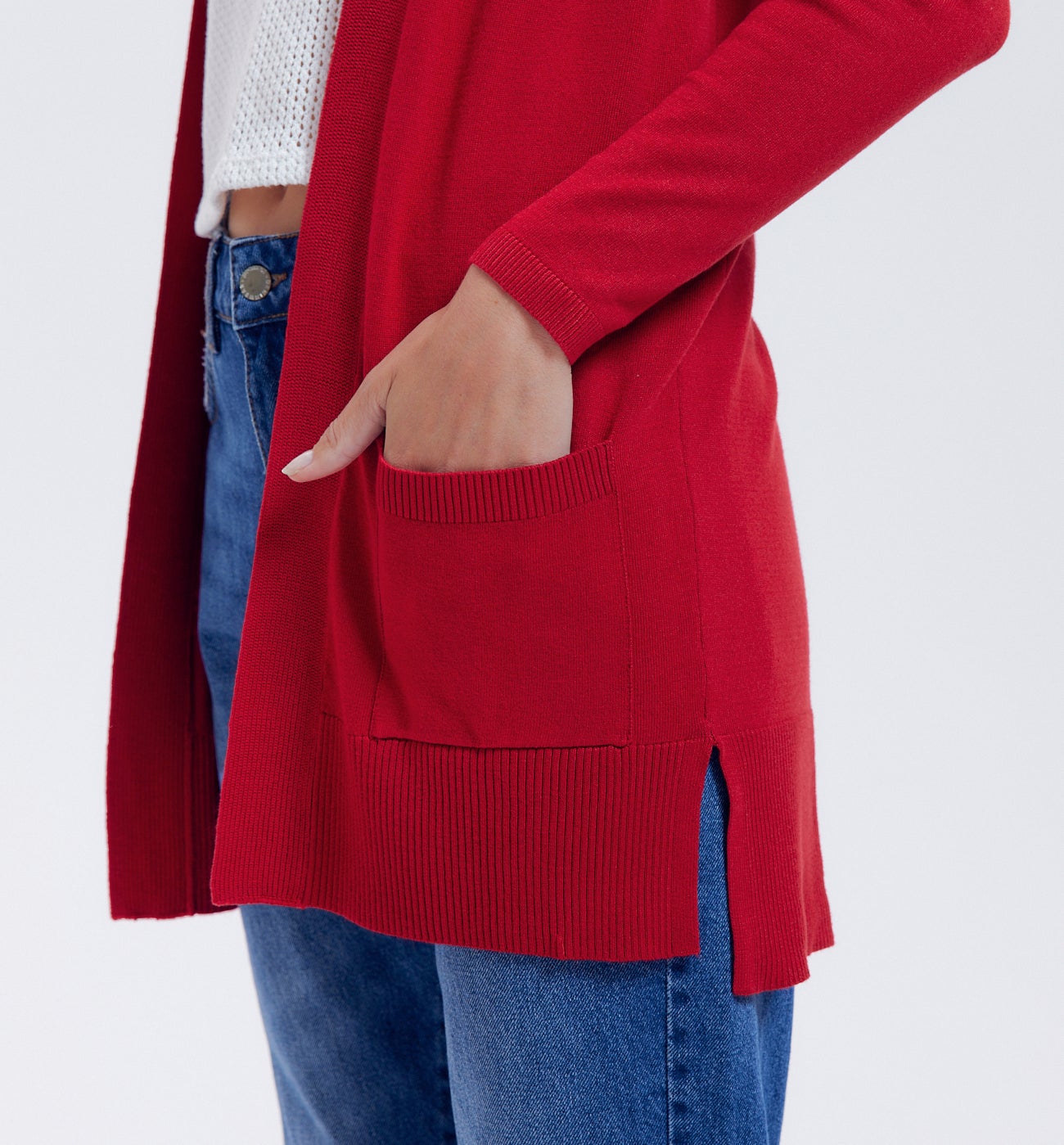 Long gilet en maille fine - Rouge