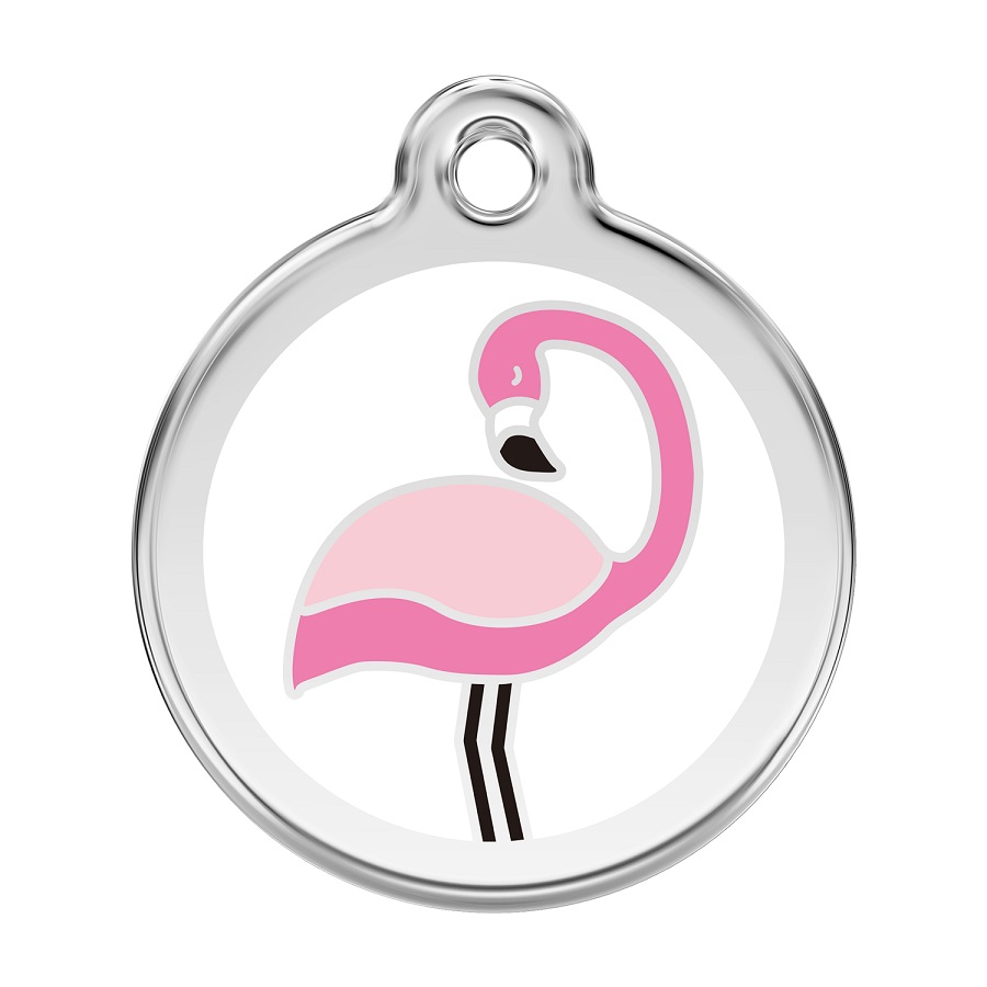 Placa de identificação para cães em aço inoxidável esmaltado com flamingo branco