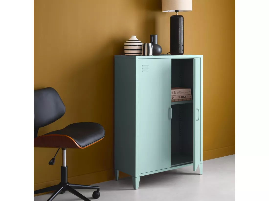 Commode/armoire en métal bleu clair 2 espaces de rangement. casiers