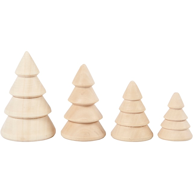 Juletrær, H: 3,3+4,3+5,3+6,3 cm, dia. 2,3+3+3,2+4 cm, 4 stk./ 1 pk.
