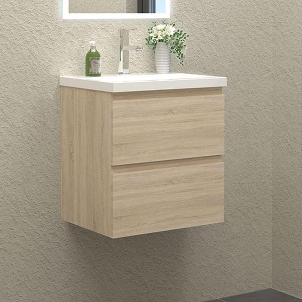 Waschbecken mit unterschrank Badezimmer 50 cm Breit Badmöbel Set mit Waschbecken und 2 Soft-Close Schubladen Waschtisch Unterschrank Eiche für Badezimmer Hängend
