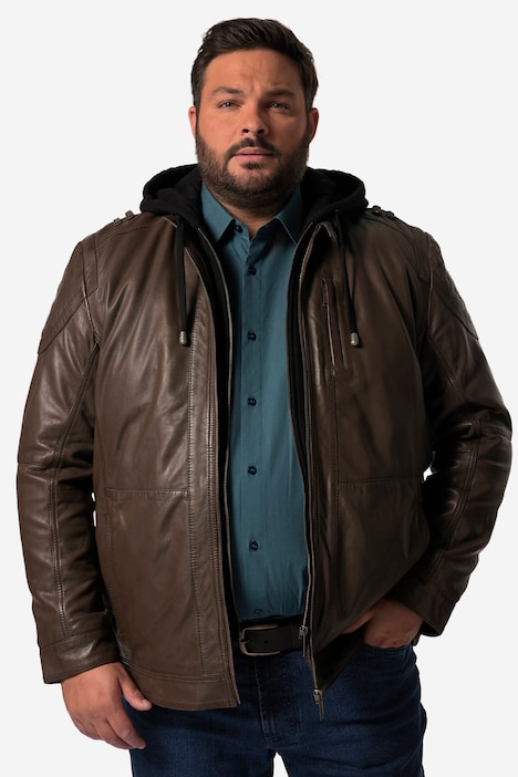Men+ Lederjacke, Leder, Jersey-Kapuze, Zipper, bis 7 XL