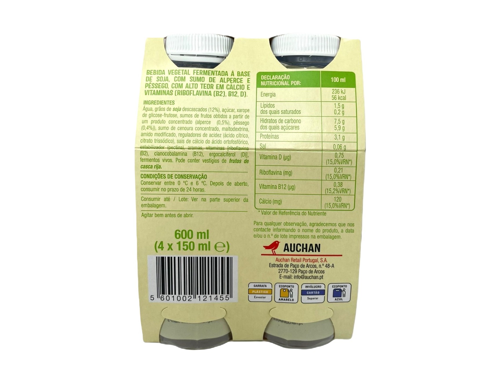SOJAGURTE LÍQUIDO AUCHAN ALPÊRCE/PÊSSEGO 4X150 ML
