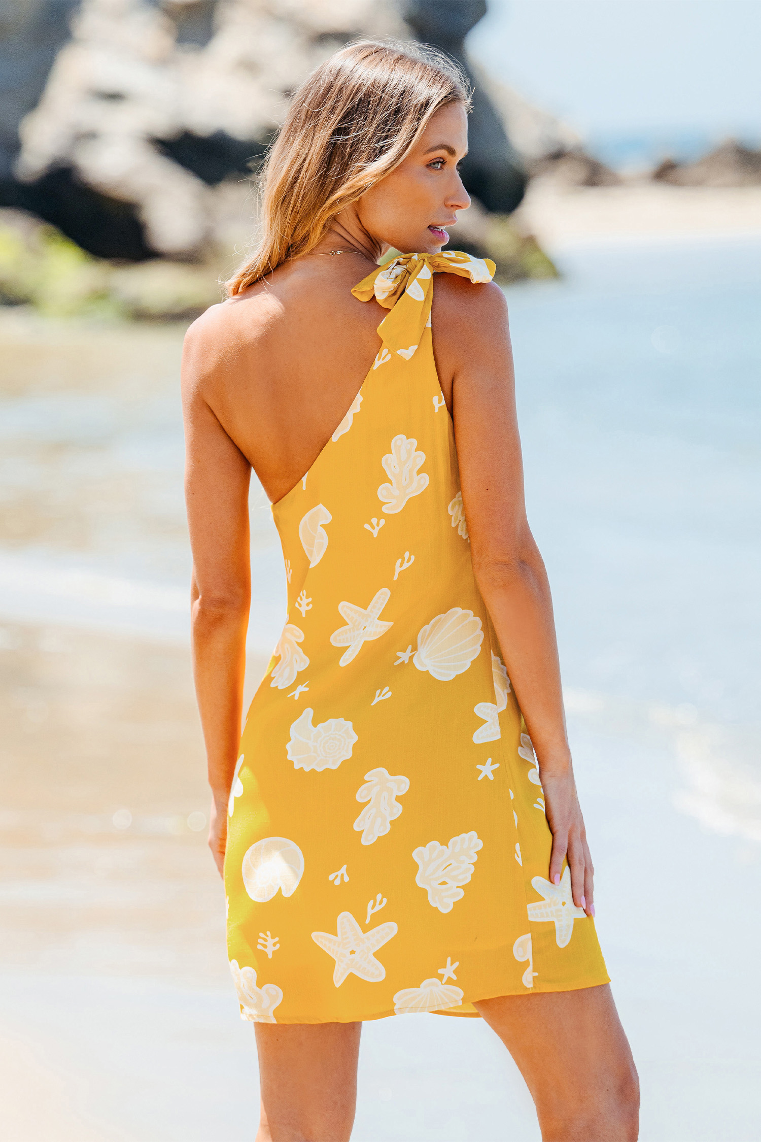 Robe mini à une épaule nautique jaune