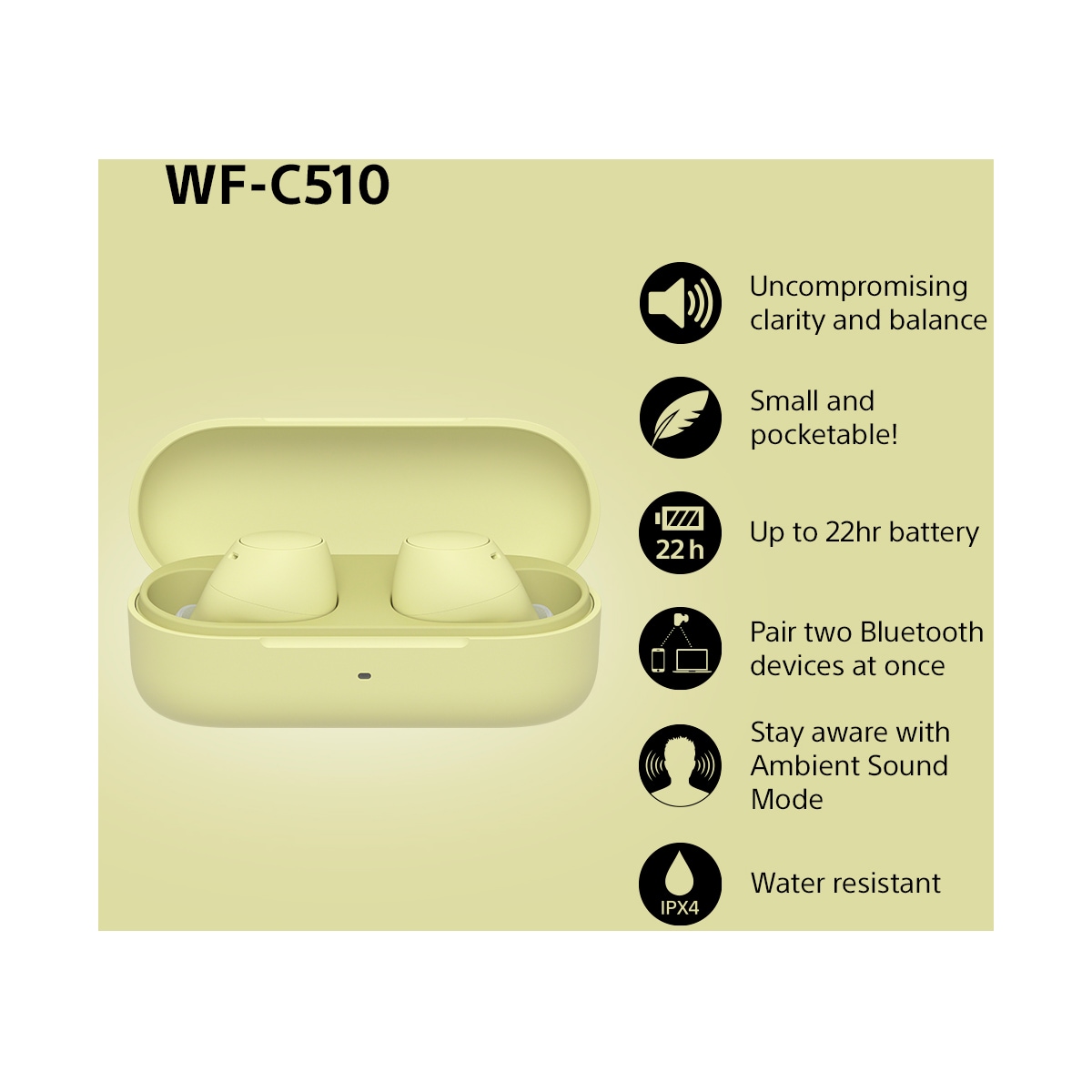 Sony WF-C510 helt trådløse in-ear hodetelefoner (gul)