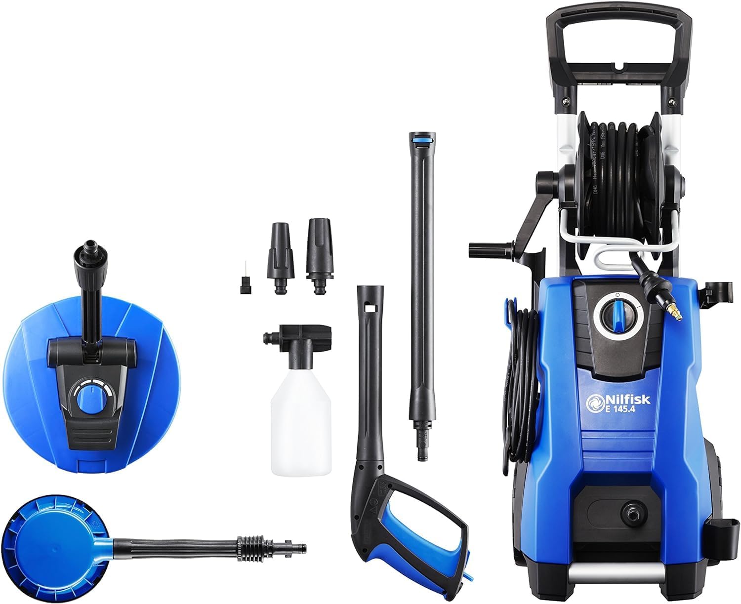 Nilfisk E 145.4 Bar Hochdruckreiniger + Schaumsprüher + Flächenreiniger + Bürste - Pressure Washer für die Reinigung von Außenbereichen und die Autowäsche (2100 W), Blau