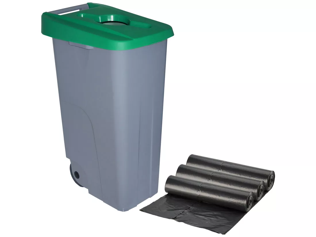 Ouverture de récipient de recyclage de 110 litres + sacs à ordures 3x de 10 unités, L57 P 42 H88