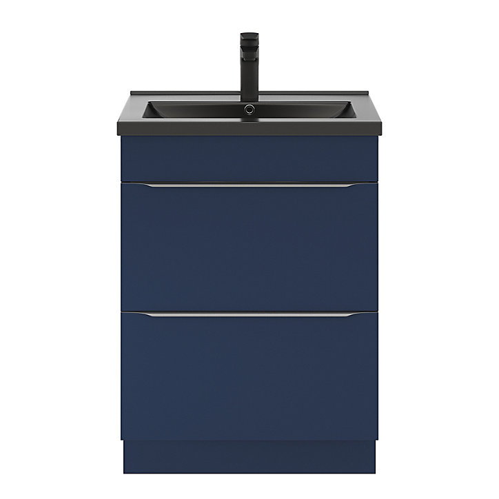 Ensemble salle de bains l.60 cm meuble à poser Imandra bleu nuit mat + plan vasque céramique noir