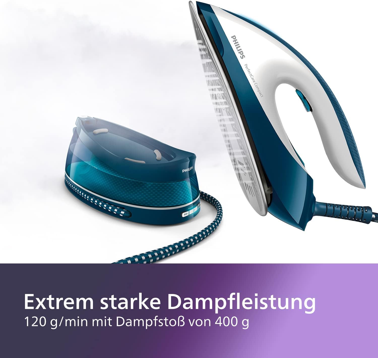 Philips Domestic Appliances Perfect Care Compact Dampfbügelstation - OptimalTemp Technologie, 120 g/min Dauerdampf, 2400 Watt, 6,5 bar Druck, 1,5 L Wassertank, SteamGlide Bügelsohle, Blau (GC7844/20)