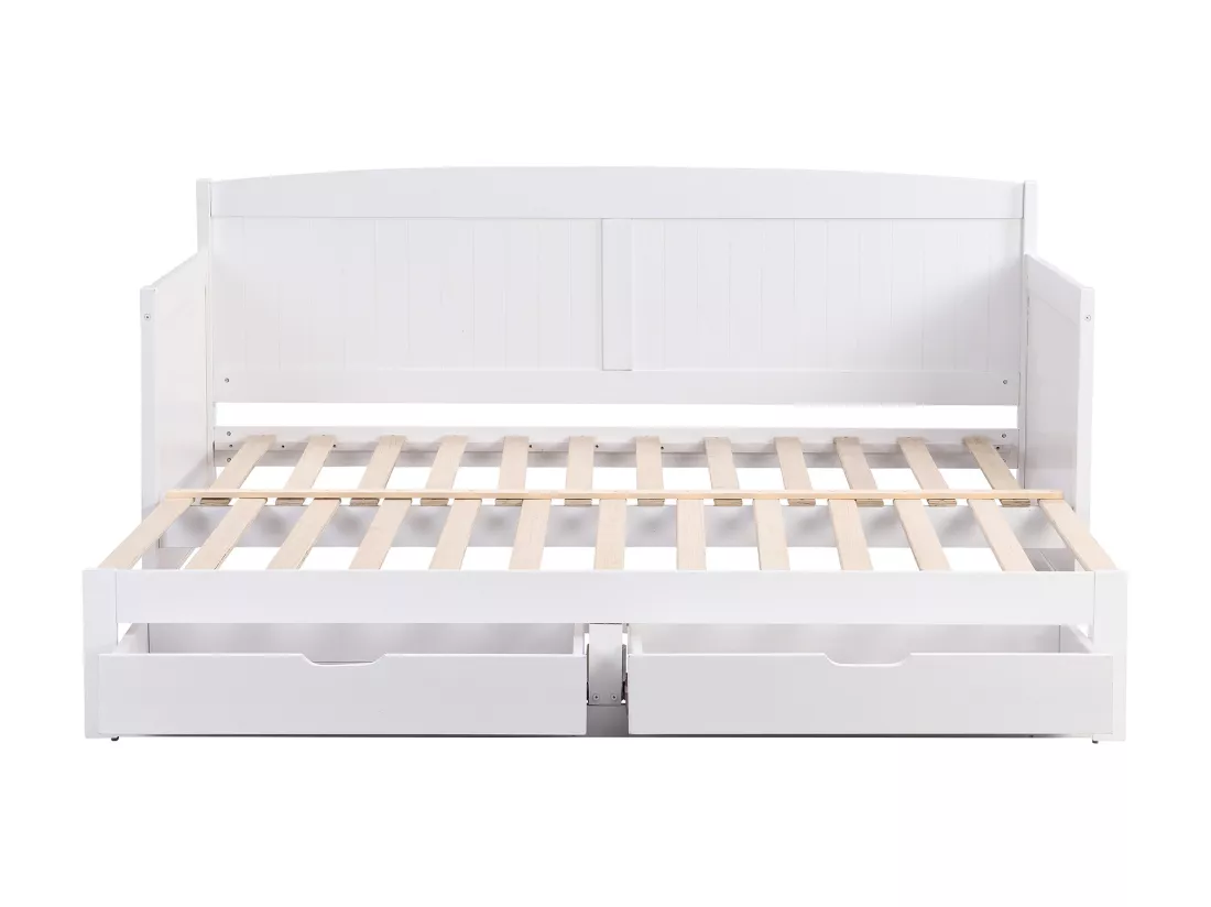 Lit gigogne banquette 90 x 190 ou 180 x 190 cm - Avec sommier peigne et tiroirs - Pin et MDF - Blanc + Matelas - DINIVA