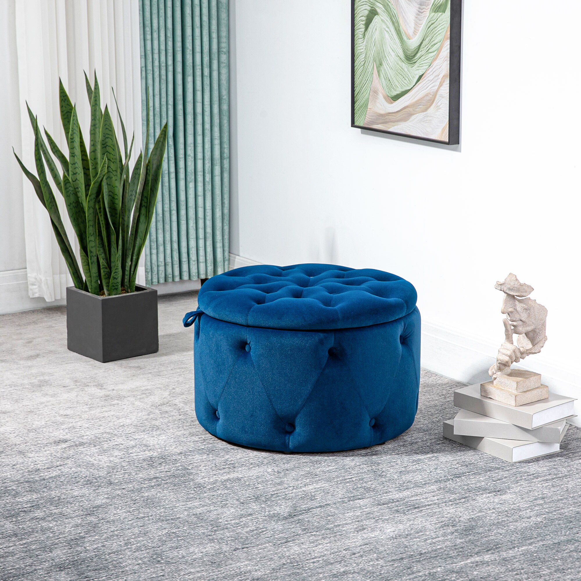 HOMCOM Ottomane mit Stauraum blau Ø60 x 40H cm