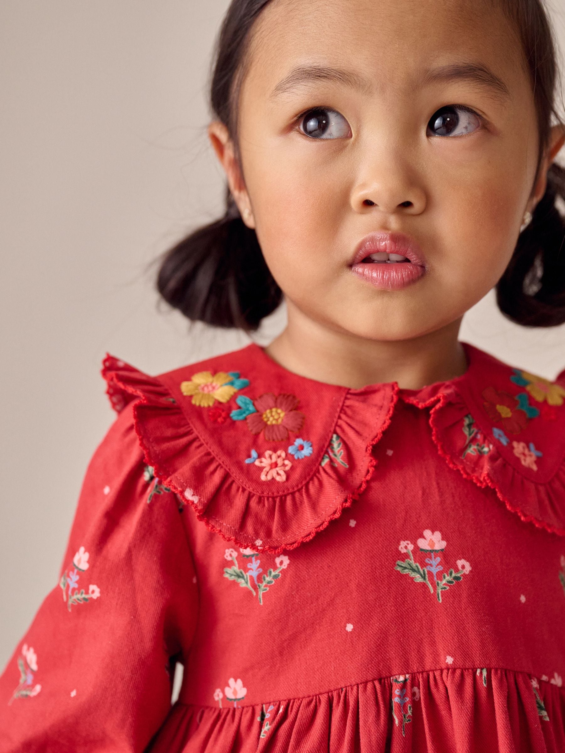 Rood gebloemd - Collar Long Sleeve Dress (3mths-8yrs)