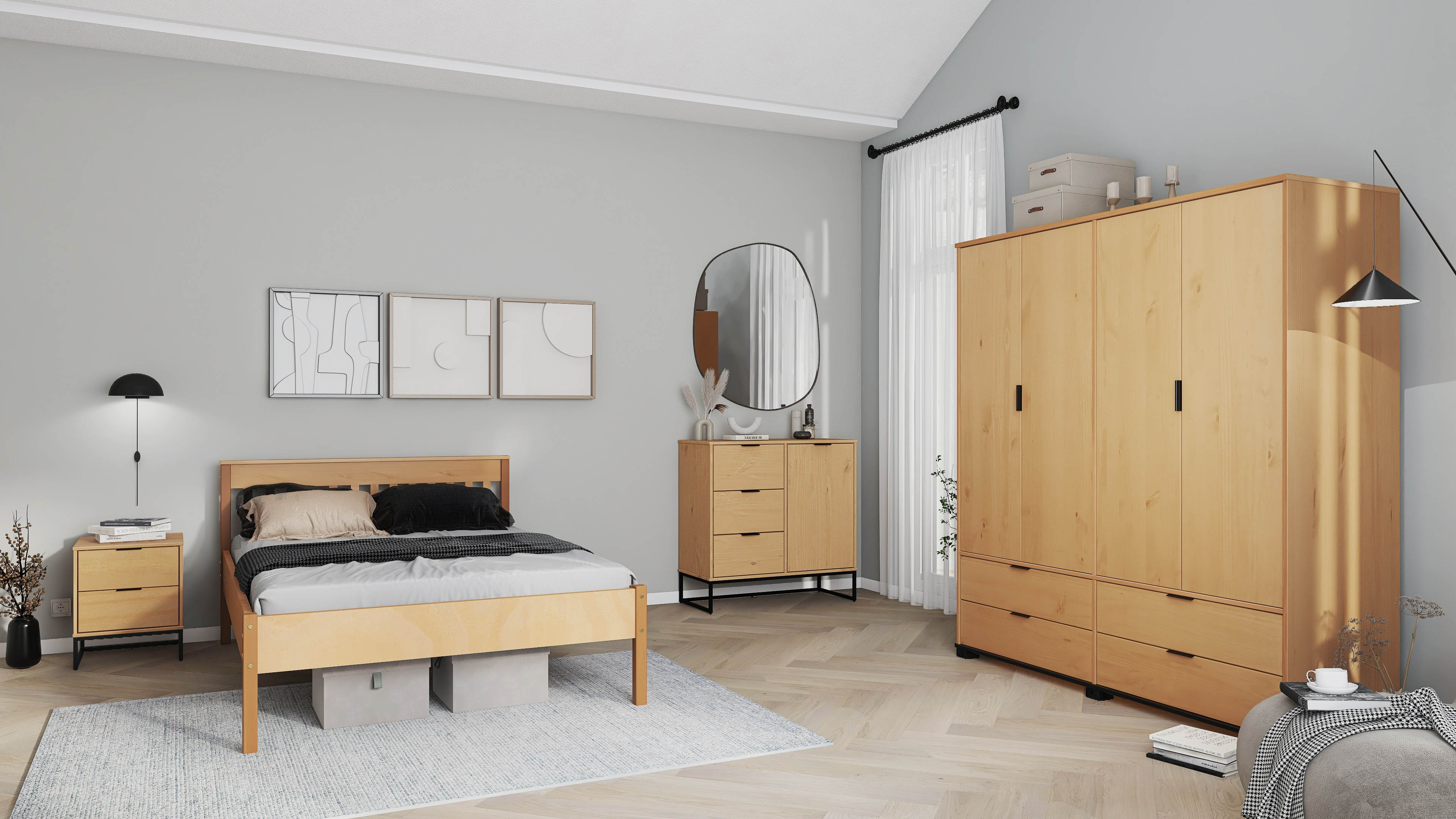 Inter Link Doppelbett Vivo 140x200 cm - Kiefer Massivholz - Inkl Lattenrost