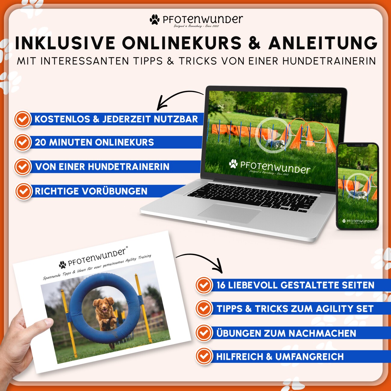 PfotenWunder® 9-in-1-Agility Set Hunde groß + 21 Min. HUNDESCHULE - 6 Slalomstangen, 1 Tunnel, für kleine & große Hunde, Training Sport Spielzeug Cavaletti Parcour Steckhürdenset Zubehör Hürden
