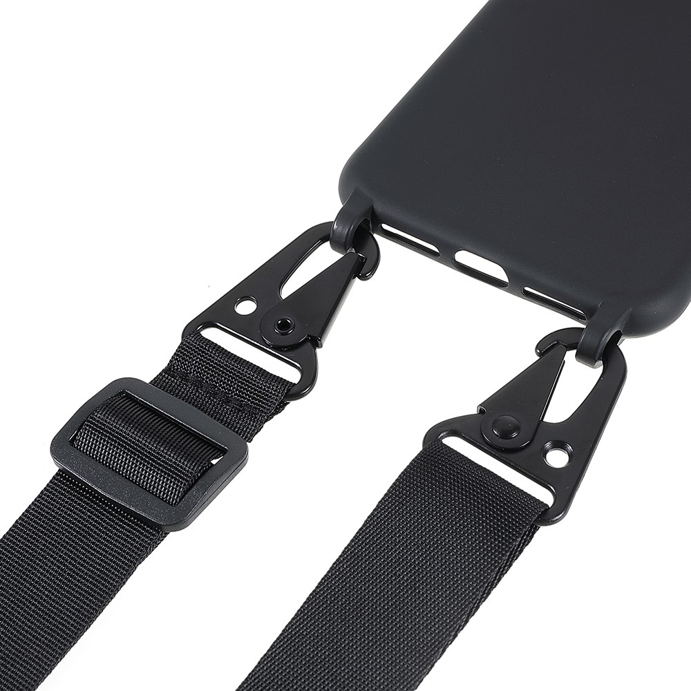 iPhone 13 Pro Necklace Gummi Case Hülle   Handykette Nylon Strap (160cm) - Schwarz