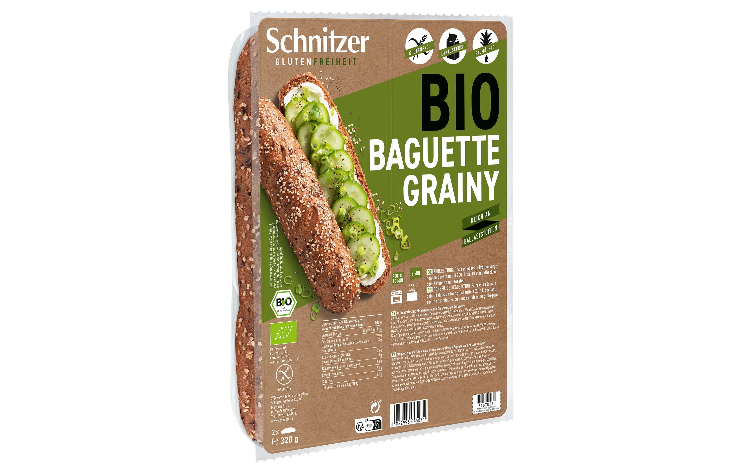 Bio Baguette Grainy glutenfrei 2 x 160 gGlutenfreie Aufbackbrote mit Leinsamen und Sesam