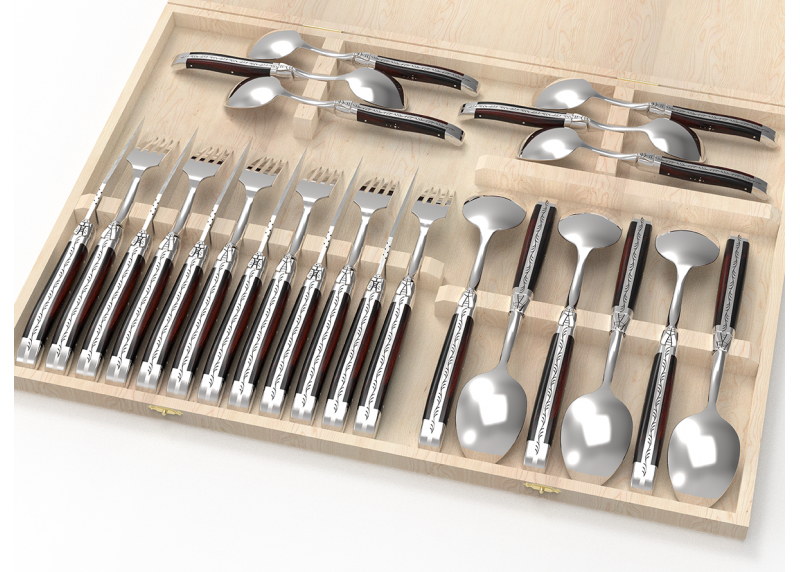 Service Laguiole de 24 pièces avec un manche en bois de fer et mitres en acier inoxydable