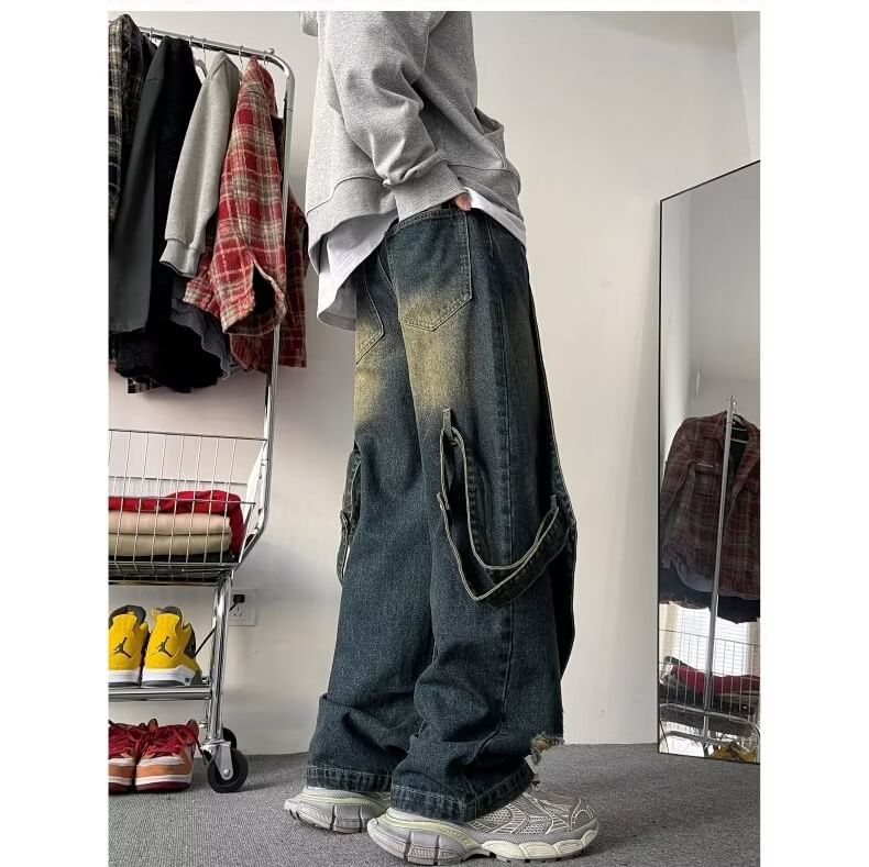 Kenning - Mid Rise Distressed Strappy Wide Leg Jeans