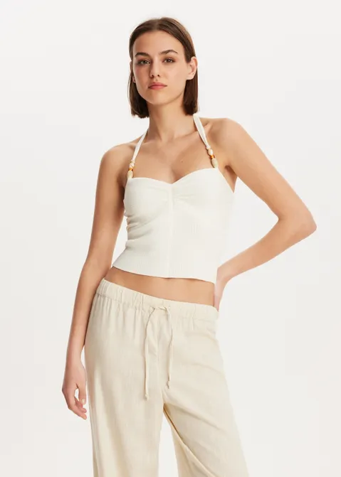 Gebreid singlet met kraaltjes off-white (WIT.IV)
