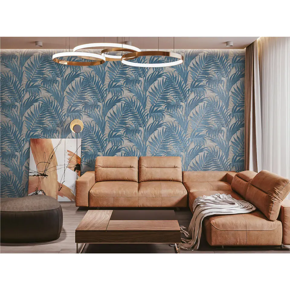 Dutch Wallcoverings - Grace Tropical palm leaf petrol/beige - GR322108
