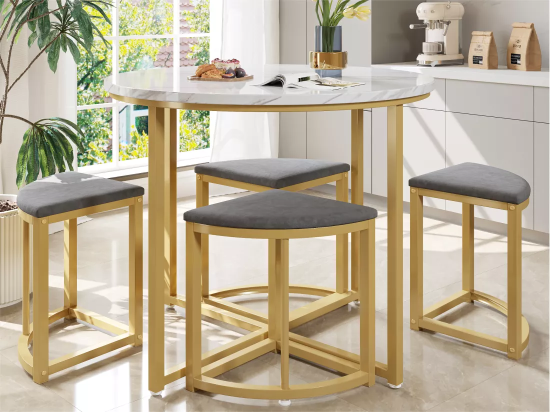 Table à manger et 4 chaises - plateau en MDF、cadre en fer plaqué or et coussins en velours gris - Blanc & Doré