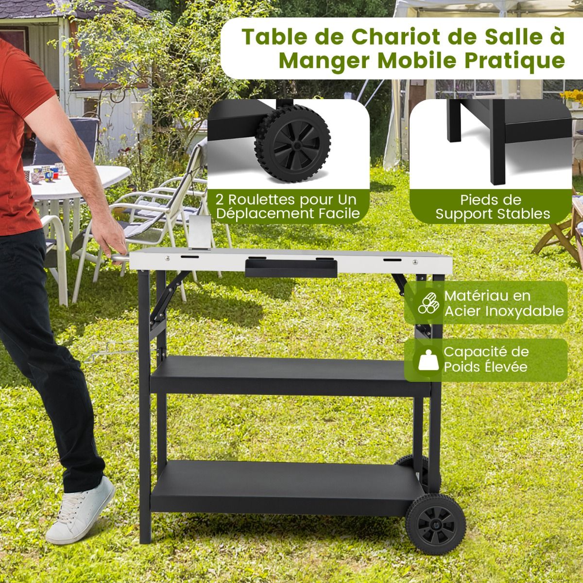 Desserte Extérieure à Roulettes à 3 Étagères Chariot Service de Cuisine Étagère Réglable Épices Porte-Serviettes Porte-Mouchoirs Noir - Lidl-Manfred
