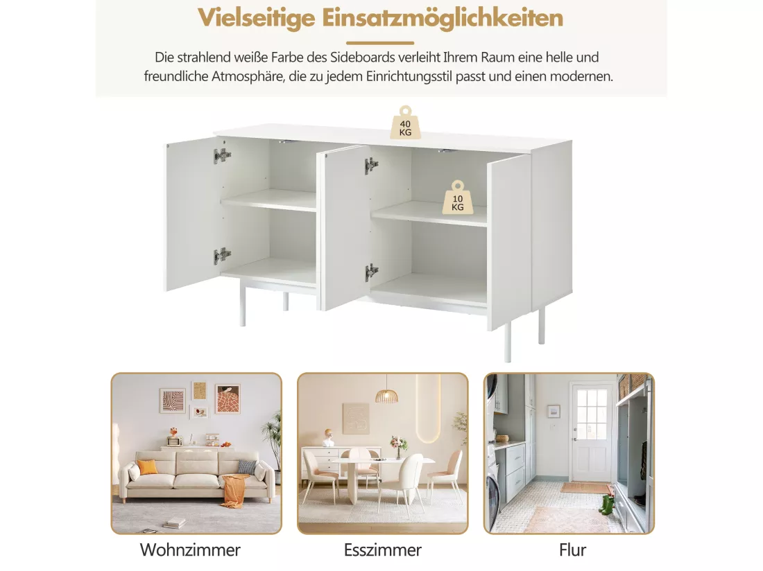 Buffet moderne avec 4 portes - 140 x 42 x 80 cm - bois MDF - coloris blanc