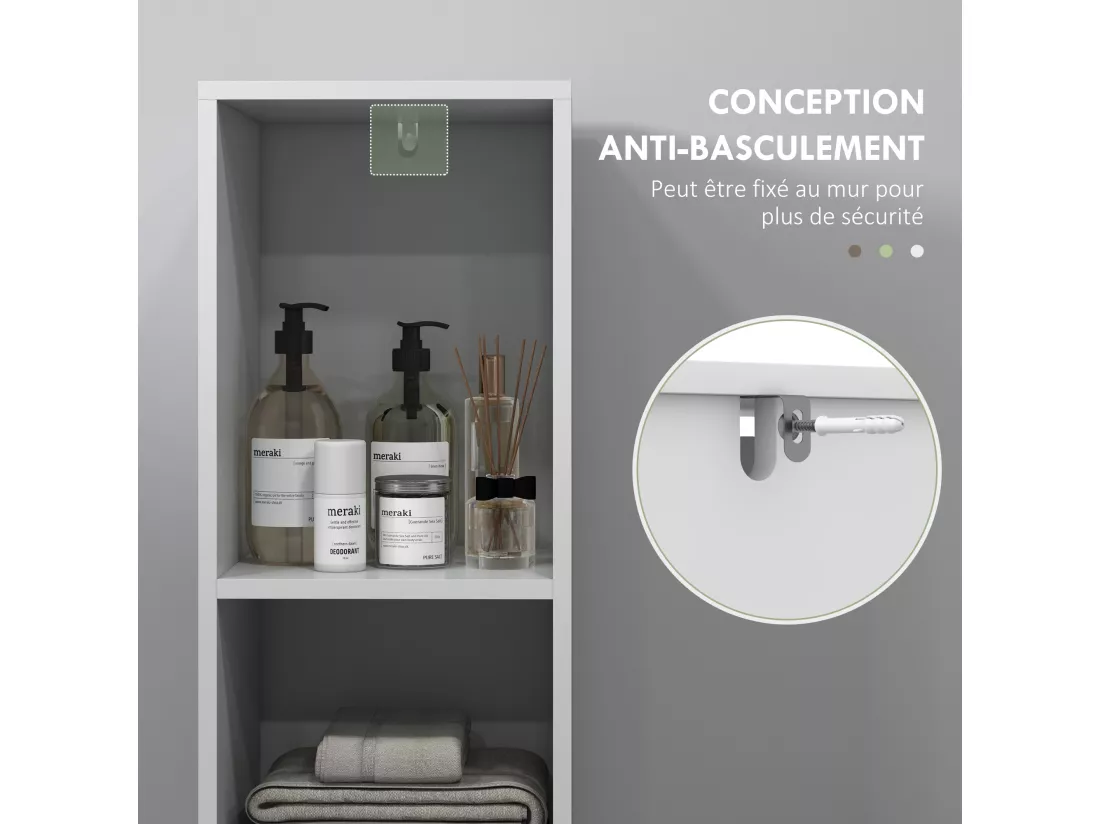 Meuble colonne salle de bain porte 2 étagères dim. 30L x 30l x 160H cm blanc