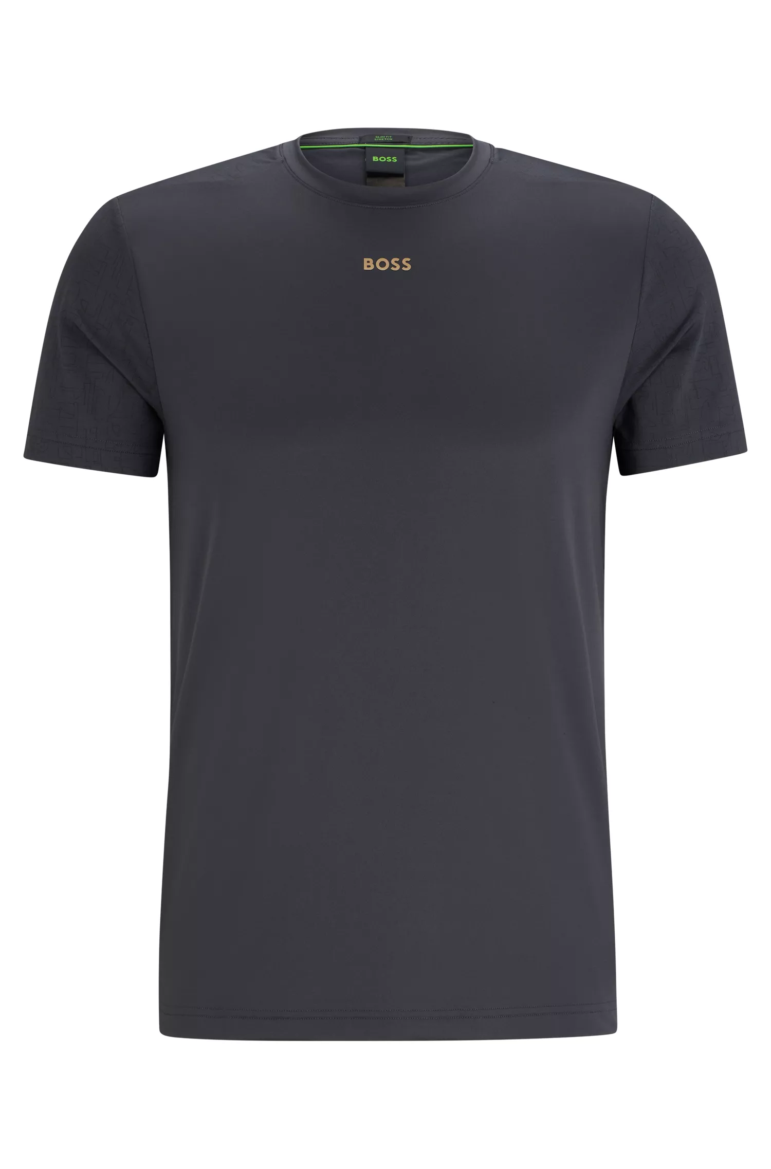 Camiseta BOSS verde, corte slim, com estampa refletora decorativa.