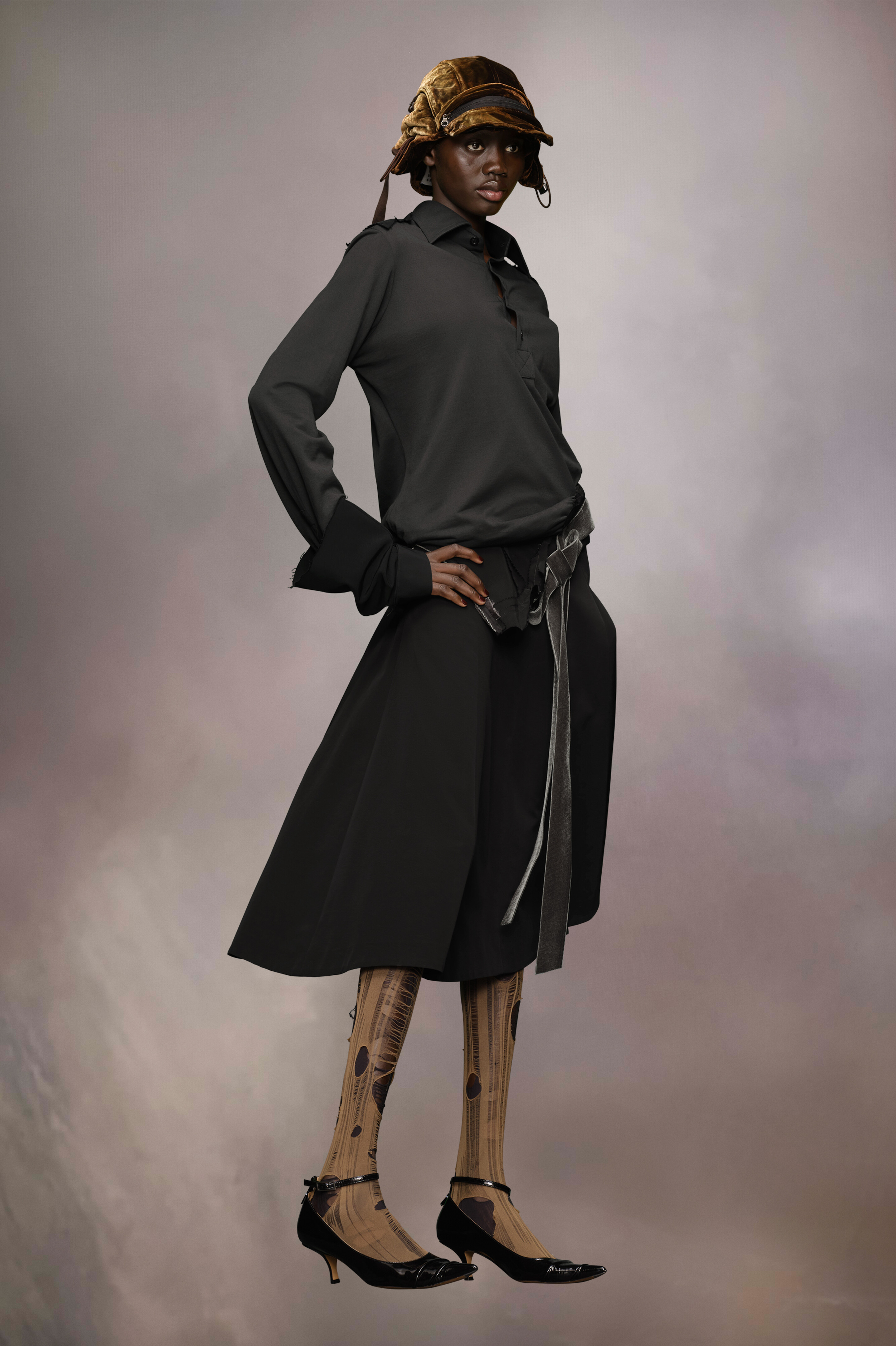Black Long-sleeved Midi-shirt Dress