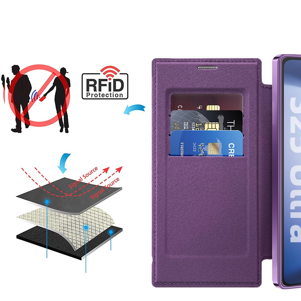 Samsung Galaxy S25 Ultra Hybrid Leder Tasche   Kunststoff Rückseite MagSafe-Modul (RFID Schutz) - Violett / Transparent