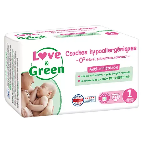 Fraldas hipoalergênicas Love & Green Baby Change, tamanho 1 (2-5 kg), 44 unidades.