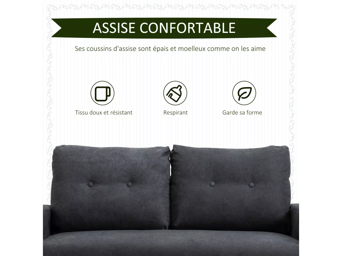 Canapé 2 places design scandinave dim. 145L x 76l x 88H cm pieds bois massif tissu gris foncé