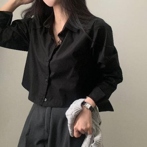 KONGER - Effen cropped shirt met lange mouwen