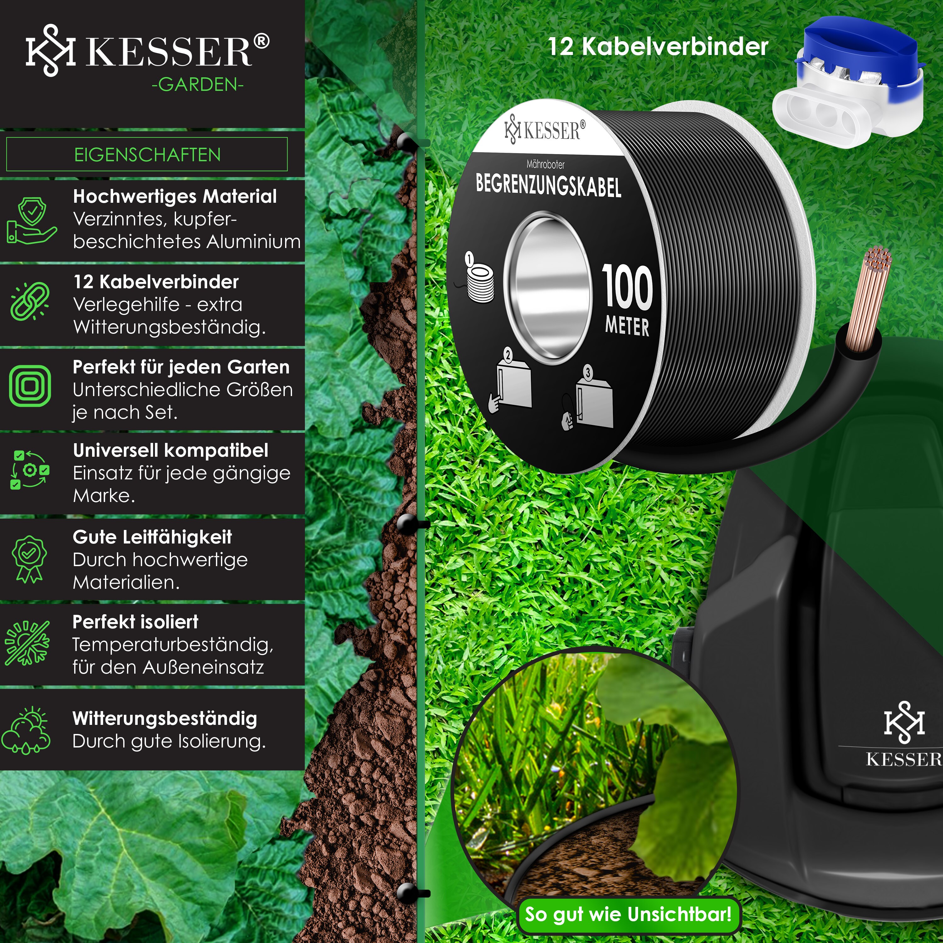 KESSER® Begrenzungskabel + Erdspieße + Kabelverbinder für Mähroboter Rasenmäher Rasenroboter Zubehör SET Begrenzungsdraht Universal kompatibel mit GARDENA/BOSCH/WORX/HONDA/ROBOMOW