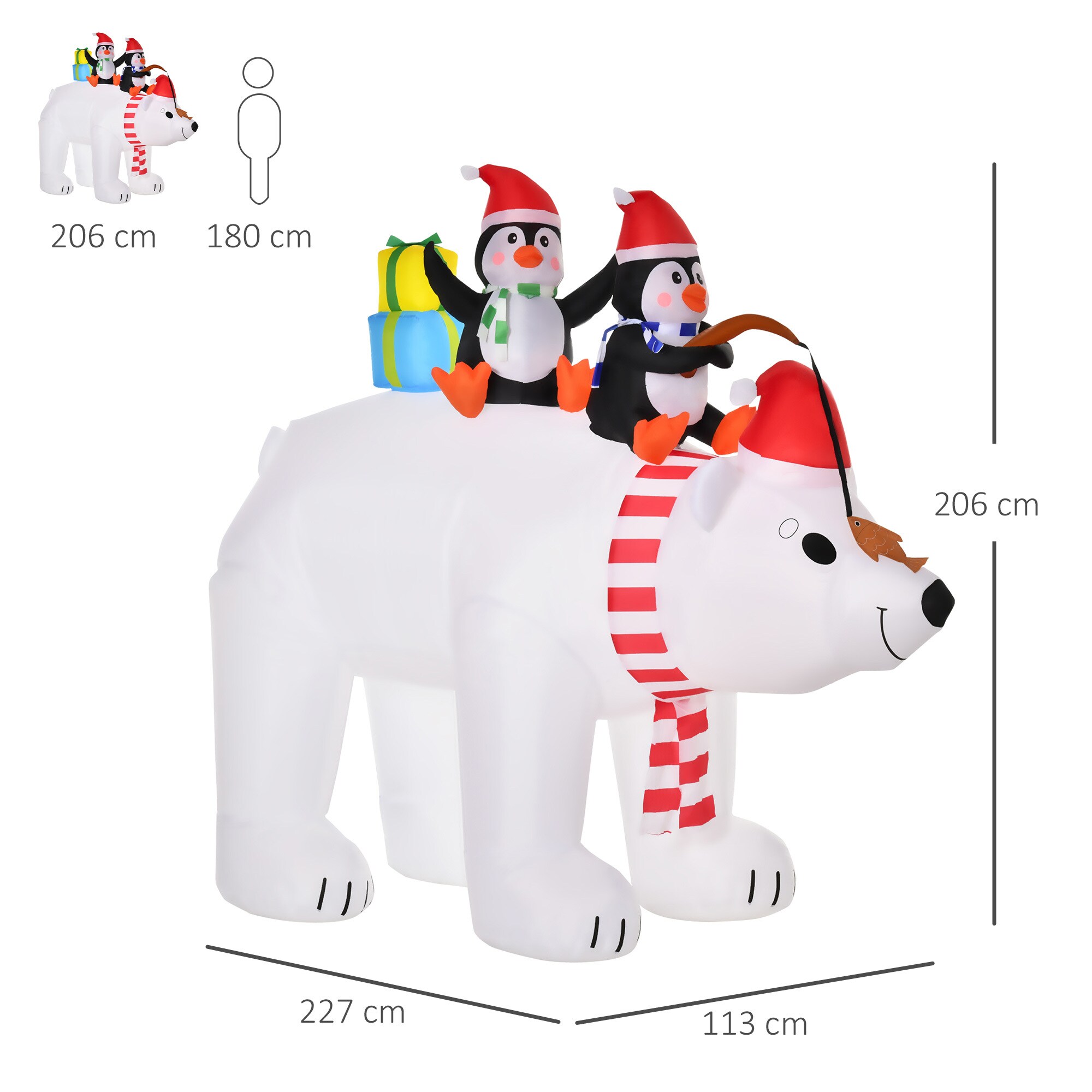 HOMCOM Aufblasbarer Pinguin und Eisbär mit Beleuchtung bunt 227B x 113T x 206H cm
