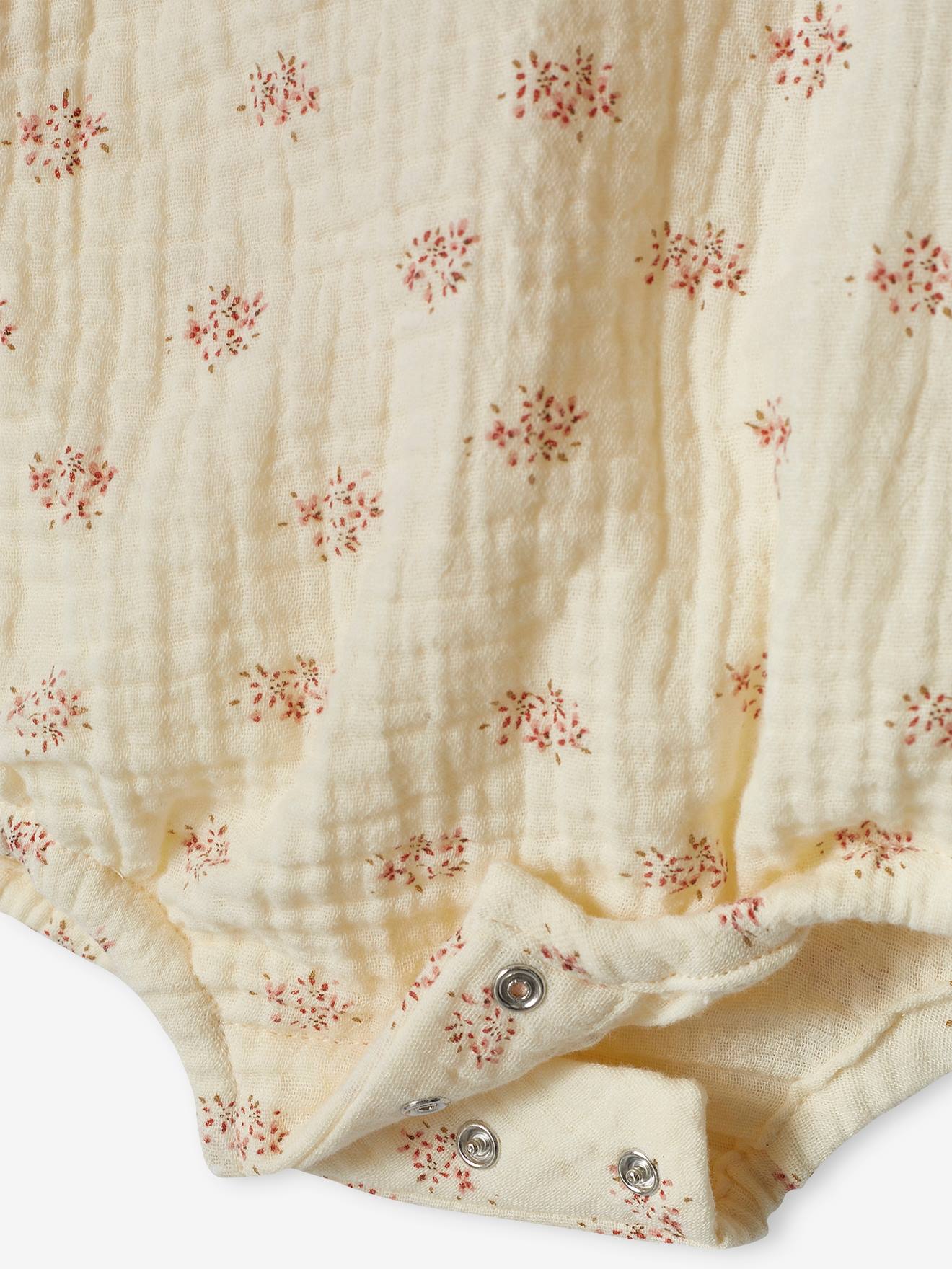 Body de manga comprida em chiffon de algodão cru com estampa floral para recém-nascido.