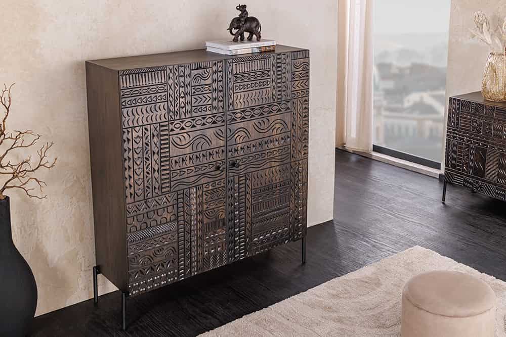 Massives Highboard TRIBAL 120cm antik braun Mangoholz 3D-Front viel Stauraum